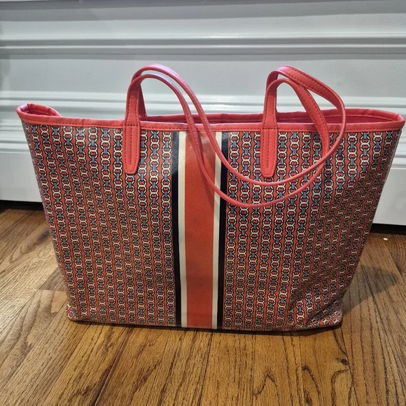 Tory Burch Red and Blue Patterned Tote Bag - Picture 2 of 4